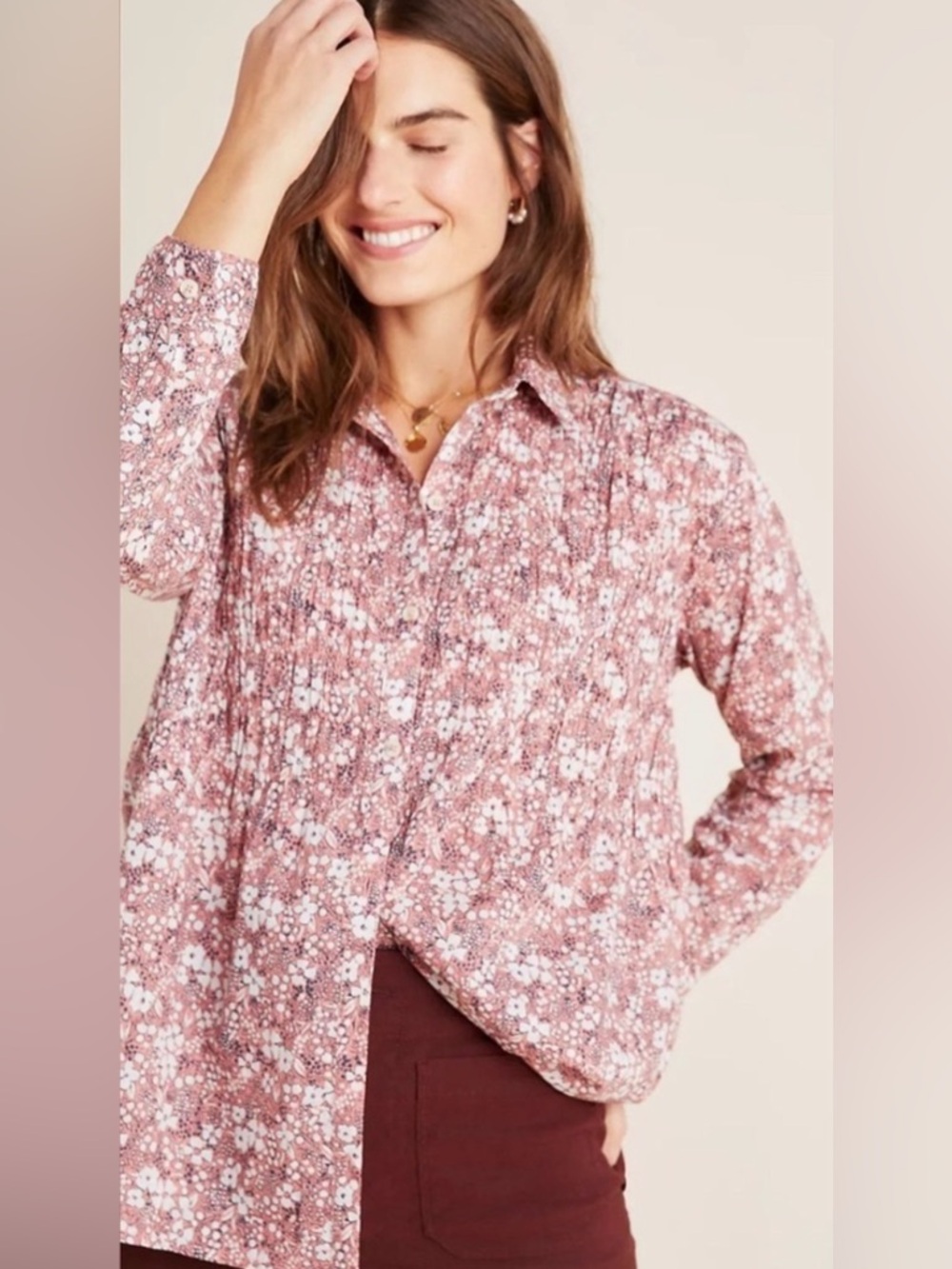 Anthropologie Button Down Top - Pilcro The Sasha Smocked Floral Button Down Top